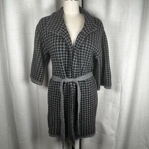 Chiara Mente Wool Blend Gray Black Cardigan Houndstooth Belted Sweater Large